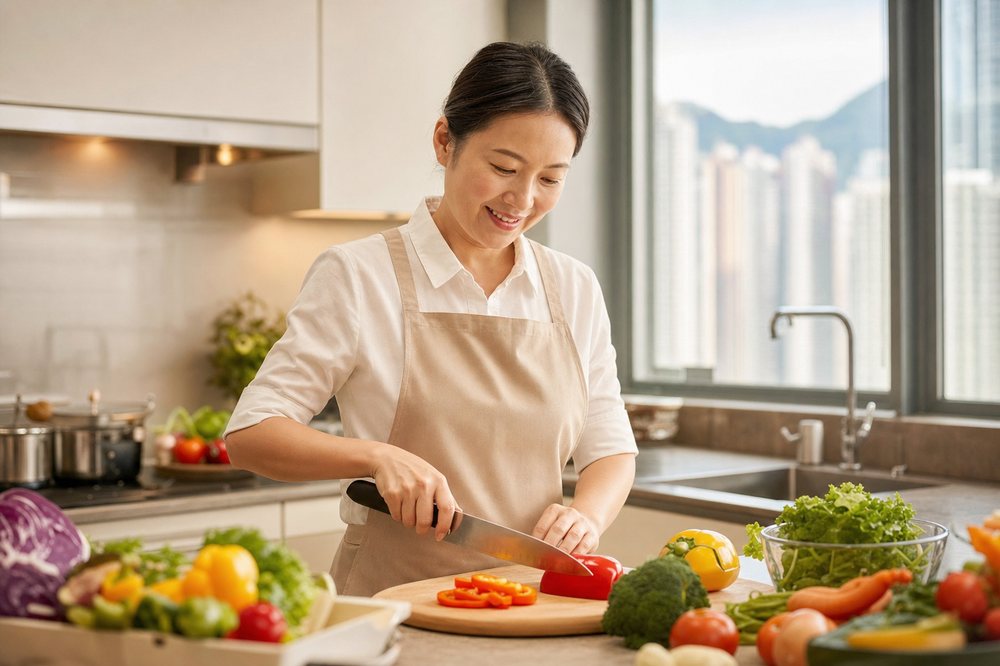 家正家傭服務 — 外傭在香港家居廚房準備新鮮食材